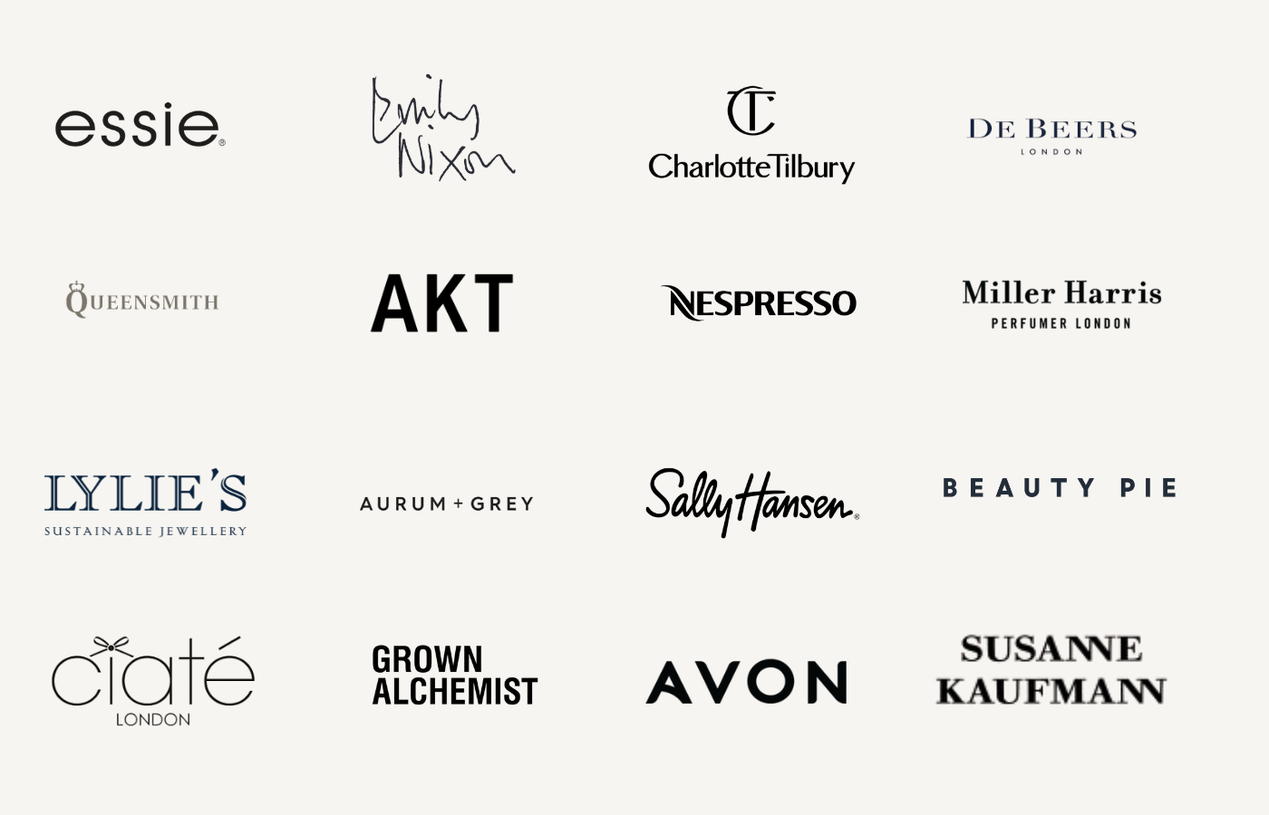 Client logos: essie, Emily Nixon, Charlotte Tilbury, De Beers London, Queensmith, AKT, Nespresso, Miller Harris Perfumer London, Lylie's Sustainable Jewellery, Aurum + Grey, Sally Hansen, Beauty Pie